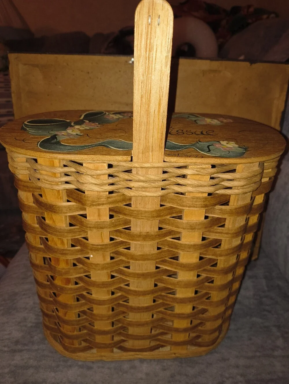 Handwoven Wood Toilet Paper Basket with Handle - Natural Brown